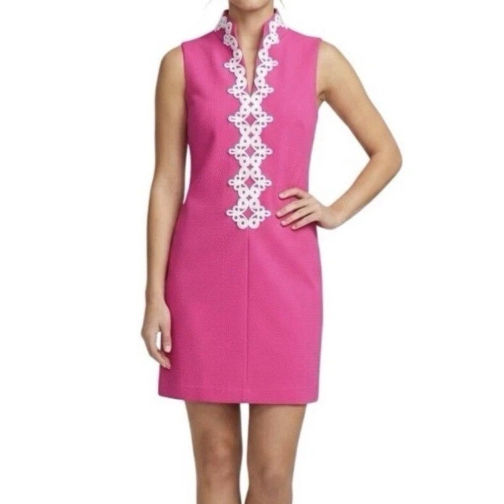 Vince Camuto Hot Pink Sleeveless Shift Dress Scroll Crochet Neckline Accent Sz2